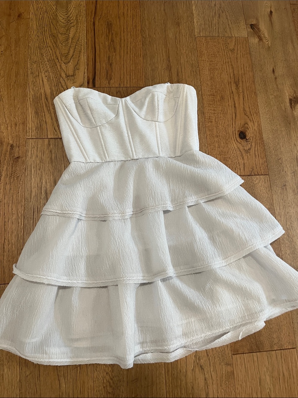 BCBGMaxAzria White Strapless Mini Dress with Ruffled Skirt
